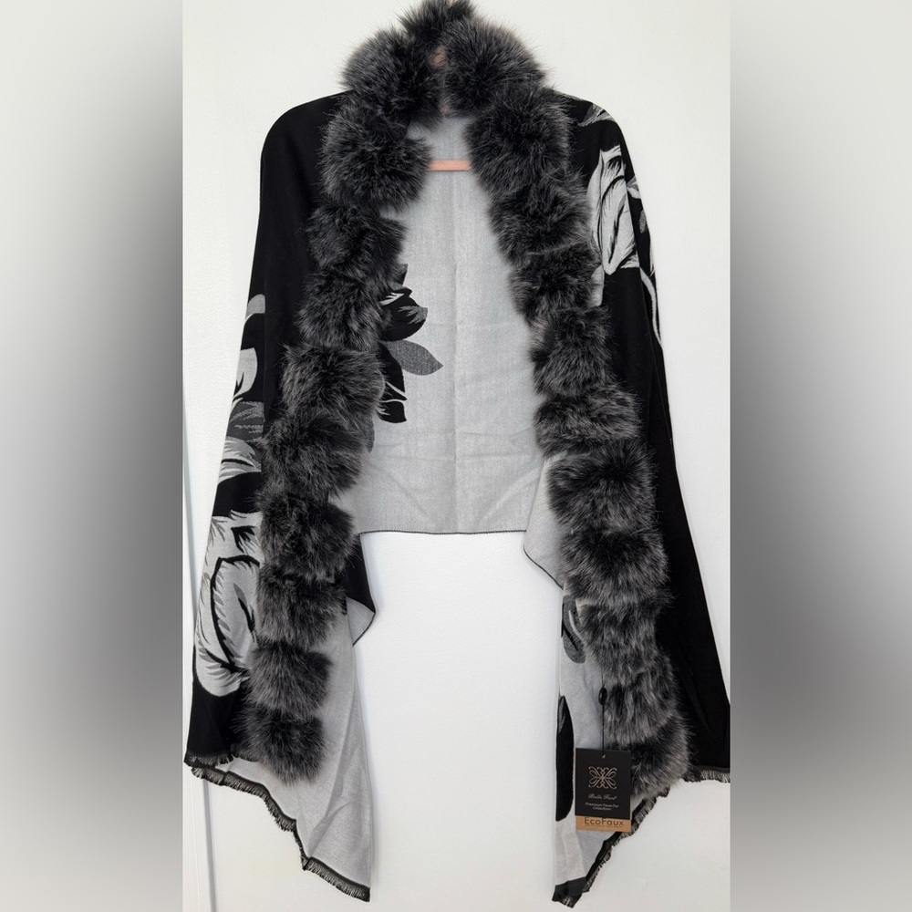 Belle Fare NWT Floral Print Cashmere-Blend Pom Pom Faux Fur Trim Shawl Wrap